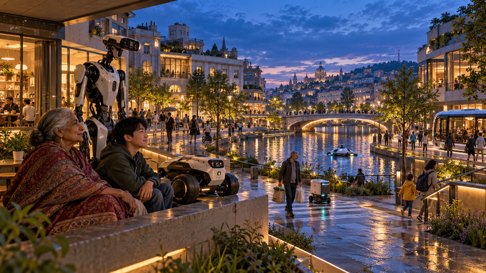 Concept illustration: people and differently shaped robots beside a canal at dusk.