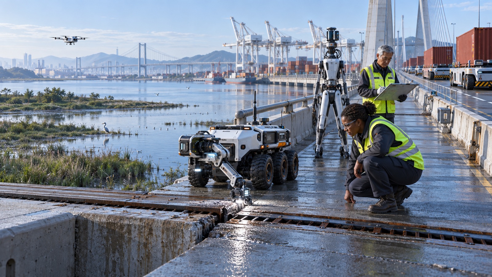 Concept illustration: people and a wheeled machine beside a bridge joint at a port.