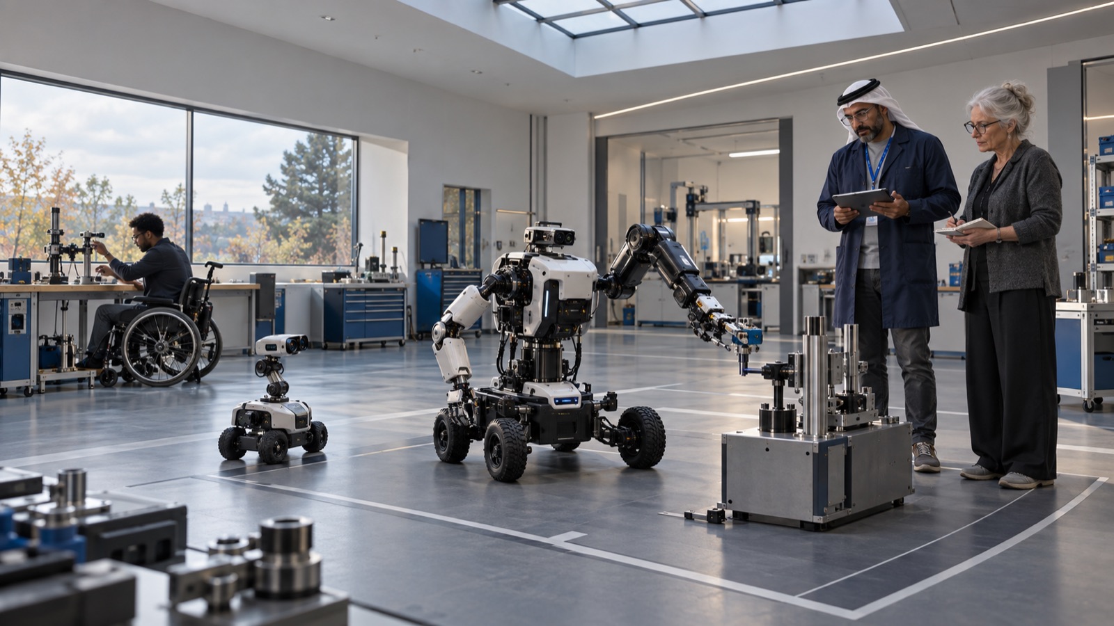 Concept illustration: people, including a wheelchair user, and robots in a measurement room.